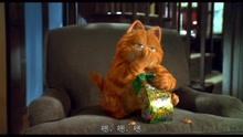 加菲猫看着电视吃了一大包零食满足的打了个饱嗝