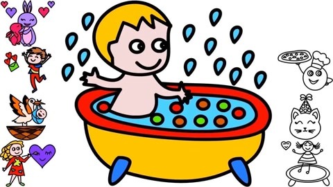 简笔画识颜色 第27集 在浴缸洗澡的宝宝: 在浴缸洗澡的宝宝