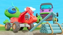 儿童动画：挖掘机和巴士在悬崖边建造桥梁！